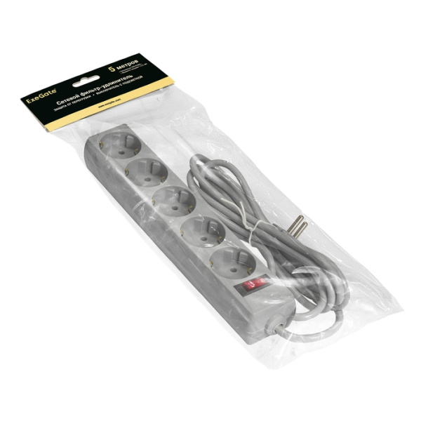 Exegate EX221189RUS Сетевой фильтр Exegate SP-5-5G (5 розеток, 5м, евровилка, серый) низкие цены купить в Тюмени