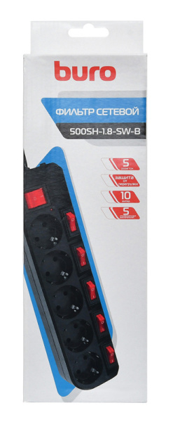 Сетевой фильтр Buro 500SH-1.8-SW-B 1.8м (5 розеток) черный (коробка) низкие цены купить в Тюмени