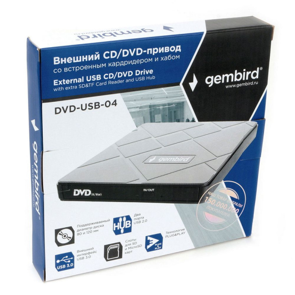 Внешний DVD-привод Gembird DVD-USB-04 USB 3.0 со встроенным кардридером и хабом пластик, черный (271 низкие цены купить в Тюмени