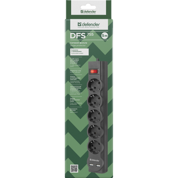 Сетевой фильтр Defender DFS 755 5,0 м, 5 розеток, 2xUSB, 2.1A Сетевой фильтр Defender DFS 755 5,0 м, низкие цены купить в Тюмени