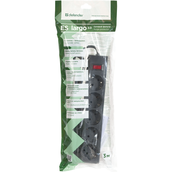Defender Фильтр ES Largo 3.0 м, 5 розеток, черный [99498] низкие цены купить в Тюмени