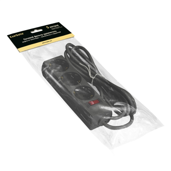 Exegate EX221182RUS Сетевой фильтр Exegate SP-3-5B (3 розетки, 5м, евровилка, черный) низкие цены купить в Тюмени