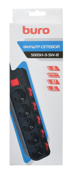 Сетевой фильтр Buro 500SH-3-SW-B 3м (5 розеток) черный (коробка) низкие цены купить в Тюмени